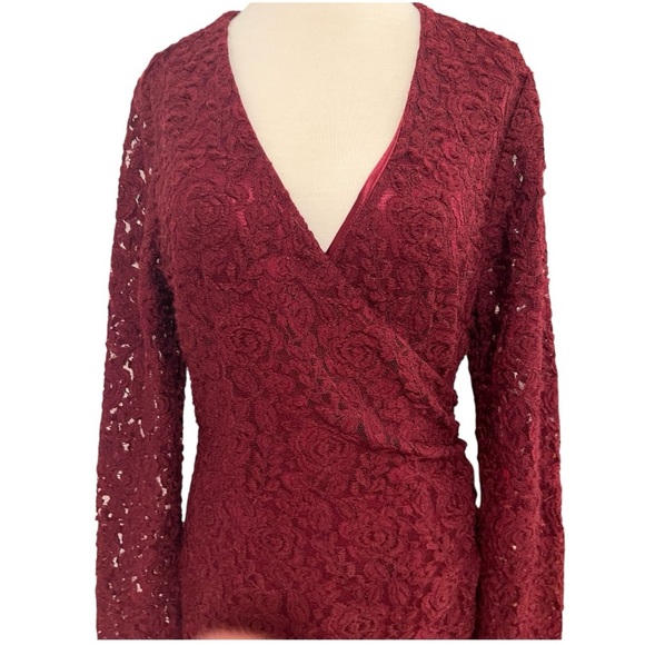 Laundry by Shelli Segal Ruched Lace Burgundy Long Sleeve Knee Length Size 12 - Picture 6 of 14